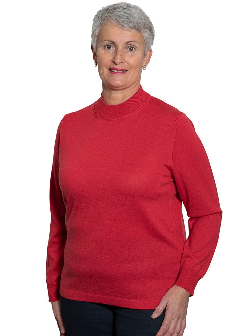 Raspberry. This fully-fashioned turtle neck sweater with long sleeves has all the comfort and style of the Tekau product. Crafted with 100% NZ Merino Wool and made in Italy, it's sure to keep you warm and cozy no matter the occasion. Dress it up or down by pairing it with the matching V-neck Cardigan or Button to Neck Cardigan for the ultimate twin set look.