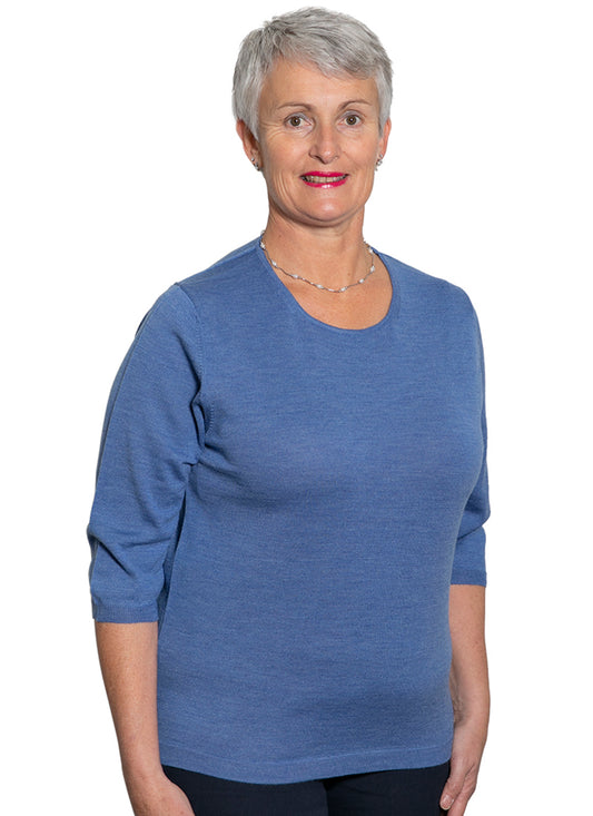 Cornflower. Short Sleeve Classic Merino Crew Neck Jumper at AOK Clothing. This crew neck sweater with short sleeves is fully fashioned, similar to our Tekau product. Crafted from luxurious 100% Fine NZ Merino Wool and produced in Ita