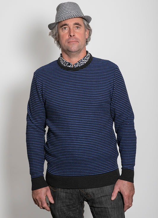 AOK Clothing' Mens Small Check Blue Jumper Navy/Blue Mix w Graphite Trimm