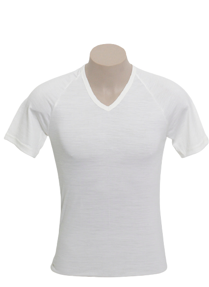 White - This men's thermal merino top at AOK Clothing has a V neck and short sleeves for comfortable wear.